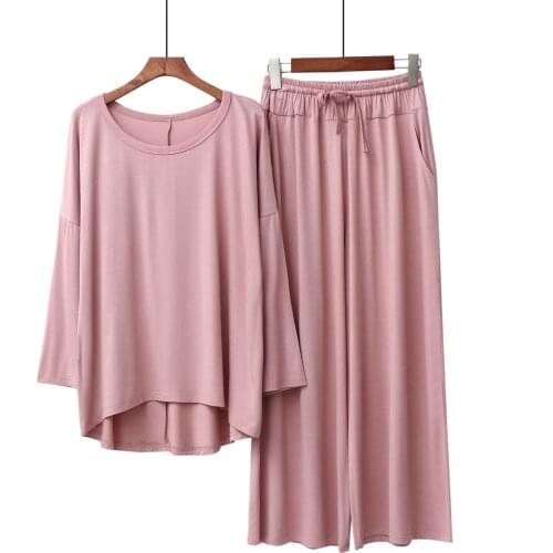 Spring Autumn Pajamas Womens Suit, Modal Trumpet Sleeve Loose Thin Section Womens Casual Plus Size Home Service Two-piece Suit
