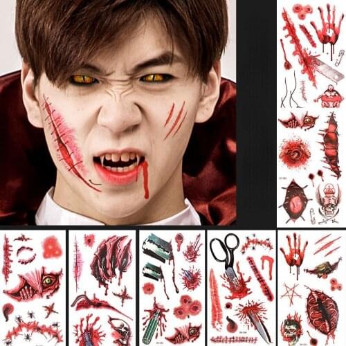 7 Halloween Props Horror Atmosphere Fake Wounds Realistic Bloodstained Scars Scratches Stitch Pattern Waterproof Tattoo Stickers