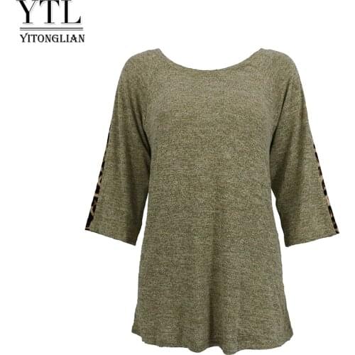 YTL Solid Casual T-shirt Womens Leopard Patchwork Knitting Plus Size Tops Female Blouse O-neck Large Size Fashion T Shirt W037
