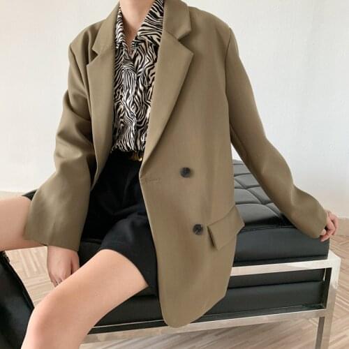 Korean Casual Double Breasted Moss Green Blazer Women Spring Autumn 2021 Loose Mid-length Notched Collar Long Sleeve Suit Jacket