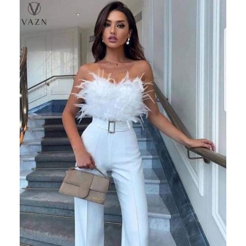 VAZN 2021 Lady New Fashion Sexy High Street Style Jumpsuits Sleeveless Strapless Sashes Pure Color Feather Jumpsuits Long Pants