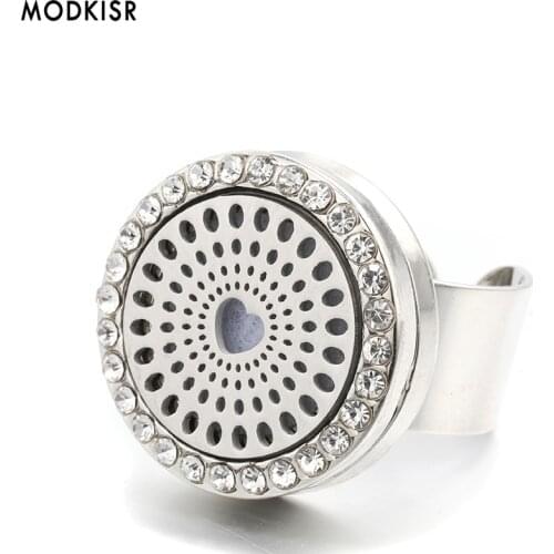 MODKISR Wholesale Stainless Steel Heart 25mm Sweet Trendy Aromatherapy Essential Oil Diffuser Women Rings Jewelry Female Ring