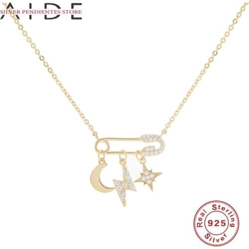 AIDE Mixed And Matched Zirconia Star And Moon Pendant Necklace 925 Sterling Silver Necklace For Women Bijoux Femme