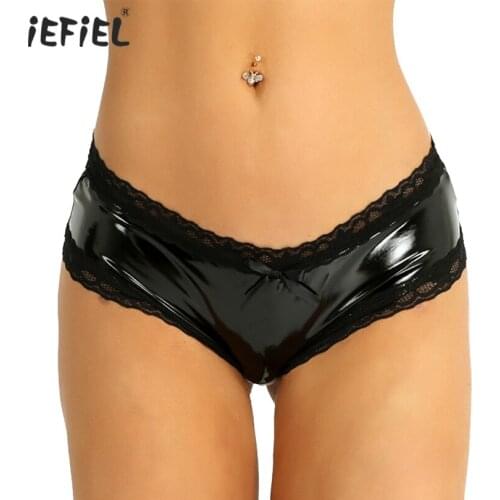 Womens Sexy Lingerie Crotchless Panties Briefs Wet Look Patent Leather Sexy Panties Exotic Underwear Low-Rise Lace Mini Briefs