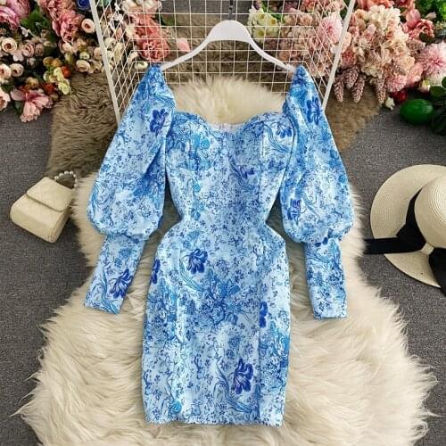 Women Blue and White Porcelain Print Dress Square Collar Sexy Lantern Sleeve Autumn Ladies Slim Tube Vestidos Mini Female HK040