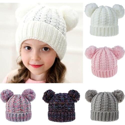 Winter Hats For Kids Cute Double Pompom Warm Benie Knitted Warmer Girls Children Hat Cap Bonnet Enfant