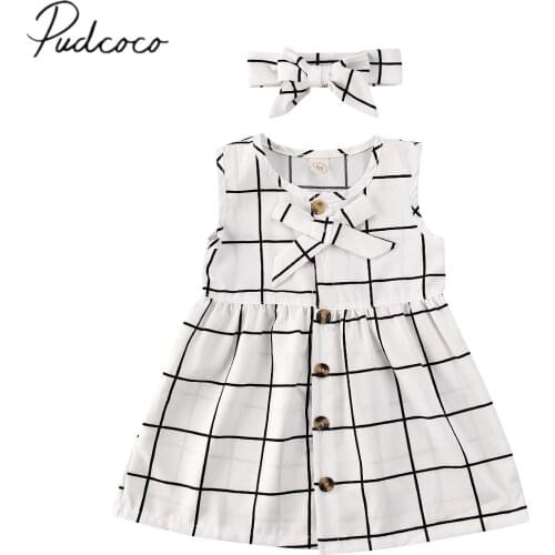 2020 Baby Summer Clothing Toddler Infant Baby Girls Checked Dress + Headband Pageant Party Wedding Sleeveless Dresses