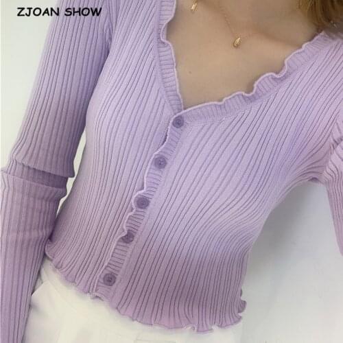 2020 Retro Striped Line Single-Breasted Buttons Long sleeve Sweater Women French Knitted Tight Cardigan Slim Cropped Sweater