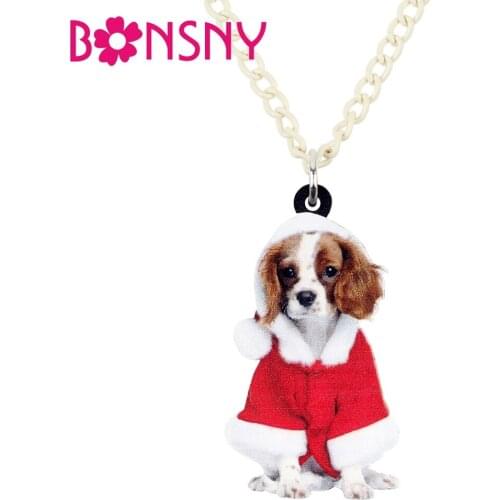 Bonsny Acrylic Sweet Christmas Cavalier King Charles Spaniel Dog Necklace Pendant Chain Choker Animal Jewelry For Women Girls