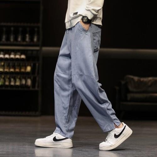 Straight Pants Mens Fashion Elastic Waist Casual Pants Men Streetwear Loose Cotton Linen Trousers Mens Wide Leg Pants