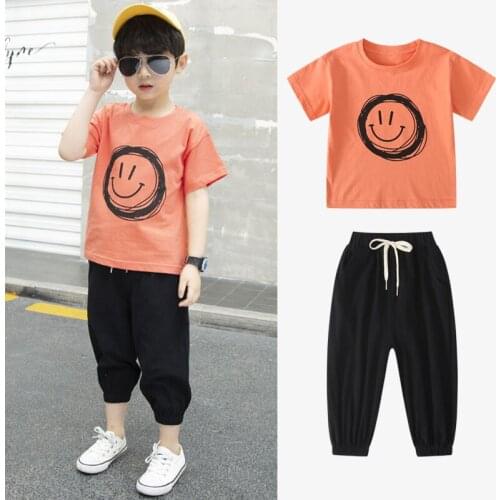 Children Wear Boys Summer Print Cotton Clothes Set Leisure Fashion Kids Short Sleeve T-shirt Cropped Pants Clothing Suit Outfits