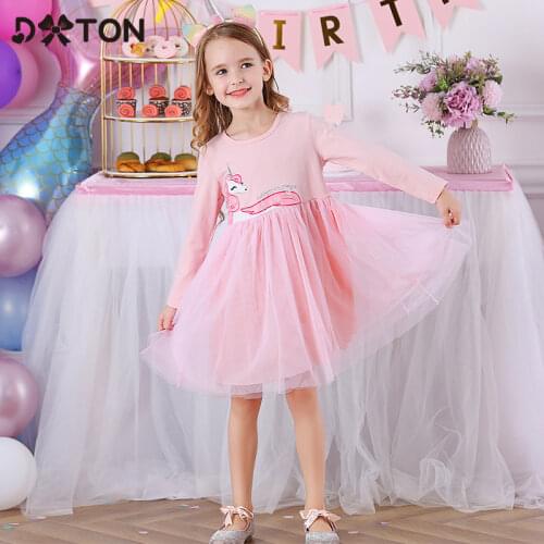 DXTON Unicorn Girls Princess Dresses Cheap Children Long Sleeve Girls Dress Winter Cotton Toddler Casual Clothing Cartoon Dress