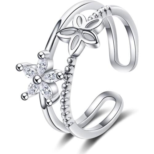 Fanqieliu Open Double Layer Crystal Plant Flower Ring Girl Gift Jewelry Wedding 925 Sterling Silver Rings For Women FQL20456