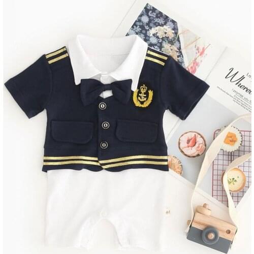 Infant Baby Naval Academy Romper Sailor Marine Navy Shortalls Short Sleeve Relaxed Holiday Outfit Boys' Captain Costume Jumpsuit