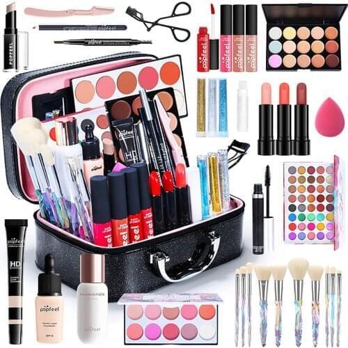 35PCS Starter Makeup Set Eyeshadow Lipstick Eyebrow Mascara Makeup Brush Powder Puff With Makeup Bag Professional Makeup Kit