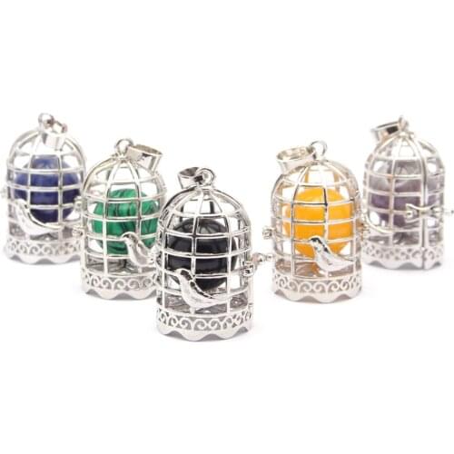 Natural Stone Crystal Agate Alloy Detachable Fashion Pendant Necklace Jewelry Birdcage Shaped Car Bag Keyring Hanging Accessory