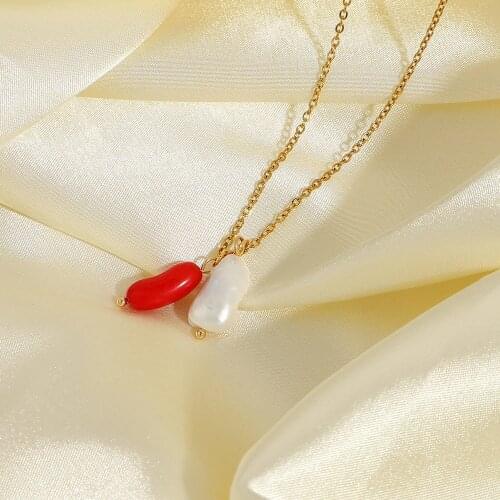 18K Gold plated Red Coral Necklace Jewelry Stainless Steel Charm Necklace Freshwater Pearl Choker Women jewelry
