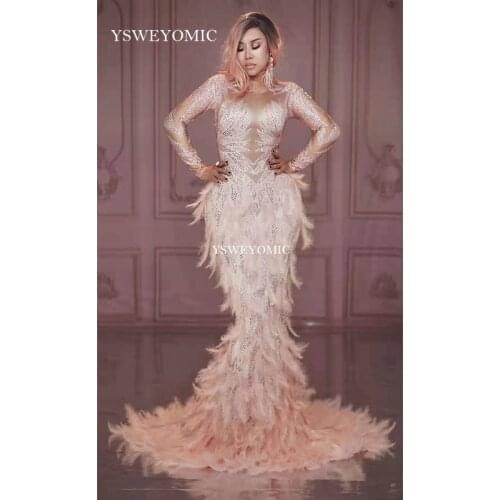 2019 Sparkly Rhinestones Pink Feather Nude Dress Sexy Full Stones Long Big Tail Dress Costume Prom Birthday Celebrate Dresses