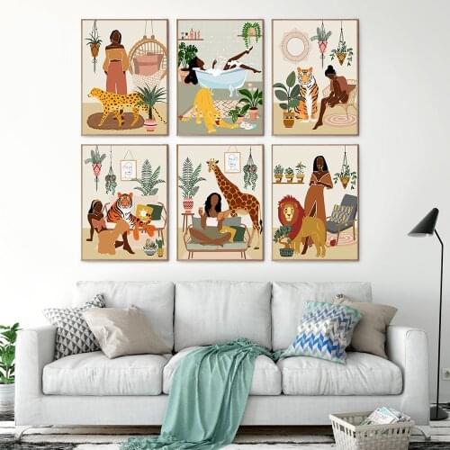 African American Women Print Boho Black Girl Poster Jungle Lady Canvas Painting Plant Animail Wall Art Picture Living Room Decor