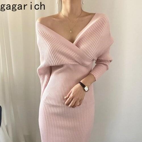 Gagarich Women Dress Korean Style Autumn Feminine Slimming V-neck Off-Shoulder Cross Waist Hugging Sexy Long-Sleeved Midi Dress