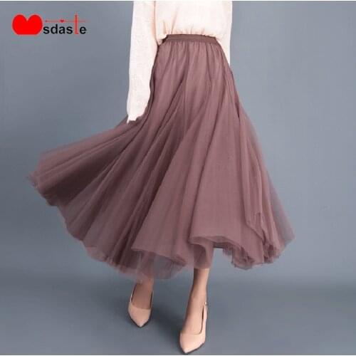 Thick Lace Pleated Skirts Women 2019 Autumn High Waist Long Saia A-line Mesh Ankle-Length Jupe Woman Casual Pleated Skirts