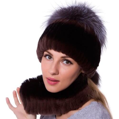 Real natural rex rabbit fur cap women winter handmade bib hat set new hot fashion hat