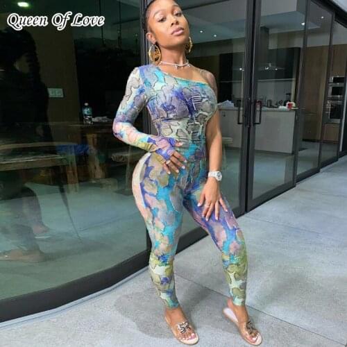 Sexy 2 Piece Women One Sleeve Off Shoulder Tops Traacksuit Pant Outfits 2021 New Tie Dyed Club Party Skinny Pants Matching Set