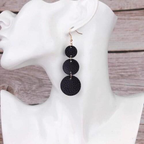 Three Genuine Leather Round Disc Joint Drop Earrings Long Geometric Circle Leather Dangle Pendant Earrings for Women