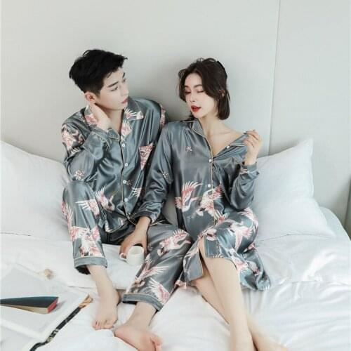 M-4XL Couple Full Sleeve Sleepwear Crane Print Lounge Nightwear Men Loose 2PCS Pajama Sets Lady Nightgown Spring Autumn Homewear