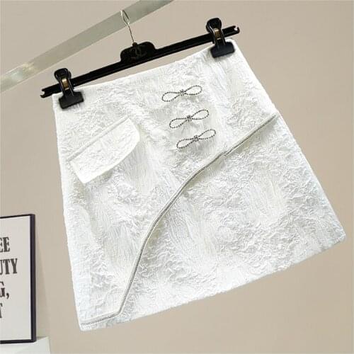 Diamond Chain Three-Dimensional Bow A- Line Skirt Womens Korean-Style High Waist Slimming Short Mini Skirts White Black