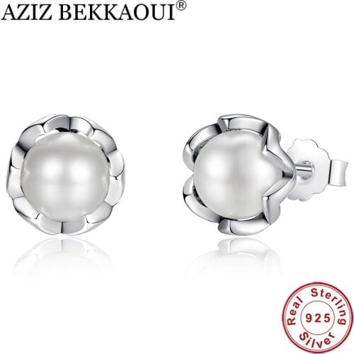 AZIZ BEKKAOUI Fashion 925 Sterling Silver Round White Pearl Stud Earrings for Women Elegance Wedding Jewelry