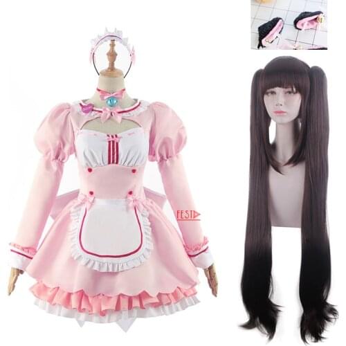 Nekopara Chocolate Cosplay Costume Maid Lolita Dress Pink Skirts Wig Cat Ear Hairpin Girls Women Dress Halloween Show Role Play