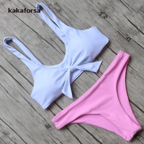 Kakaforsa 2019 Sexy Knotted Bikini Set Swimwear Women Push Up Beach Bathing Suit Beachwear Swimsuits For Women Solid Biquini