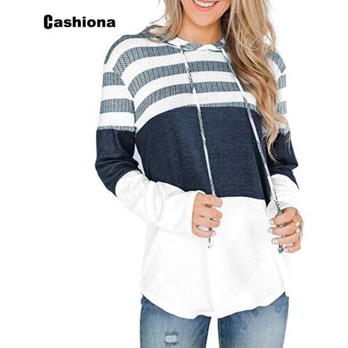 Autumn Casual Sweatshirt Fashion Long Sleeve Patchwork Stripe Print Top Pullovers Femme Hooded Sweatshirt Women Clothing 2021