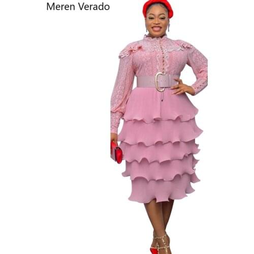 Meren Verado 2021 Women New Plus Size Elegant Fashion Full Sleeve Lace Layered Dress Spring Autumn Office Midi Dresses