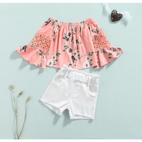 Stylish Kids Summer Casual 2Pcs Outfits, Girls Floral Hollow Out Long Flare Sleeve Off Shoulder Tops+Solid Color Shorts 2-7Years