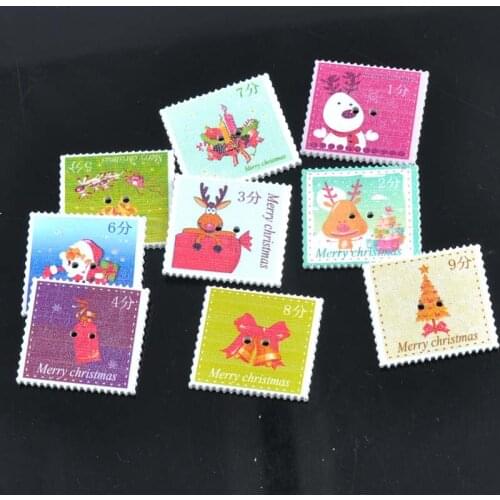 50pcs Wood Buttons Christmas Postage Stamp Pattern Sewing Handmade Scrapbooking Craft Cloth Accessories 31x33mm MT0829
