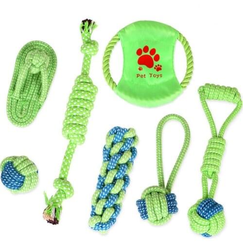 7 Pcs/Set Pet Dog Toys Cotton Ball Puppy Chew Molar Toy Teeth Clean Green Rope Funny Outdoor Traning Tool Durable Braided Rope