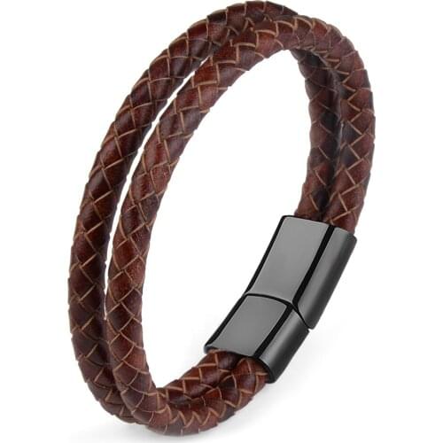 Genuine Leather Double Rope Braid Bracelet For Men Multicolor Choice Stainless Steel Magnetic Clasps Bracelets Men Jewelry