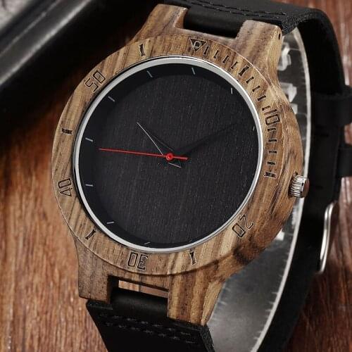Fashion Unique Black Exquisite Hollow Design Natural Wood Watch For Male Wooden Leather Band Men Wrist Watch Quartz Clock Men