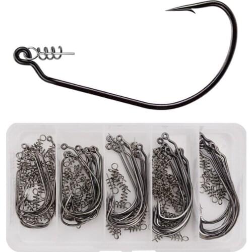 DYGYGYFZ 50pcs/lset Worm Hook with Lock Stitch Pieces Soft Lure Bait Single Hooks 1-5# Grub Fishhook Texas Rig Accessories Pesca