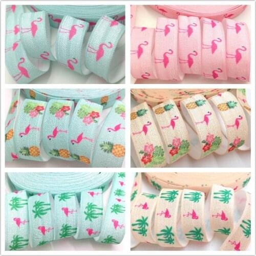 14 Colors Flamingo Pineapple Hibiscus Printed Fold Over Elastic 5/8" FOE Ribbon for DIY Head wear Hair Accessories 10 yards