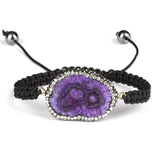 Purple druzy crystal stone slice bead pave black white rhinestone beads hematite charm black rope macrame bracelet unisex