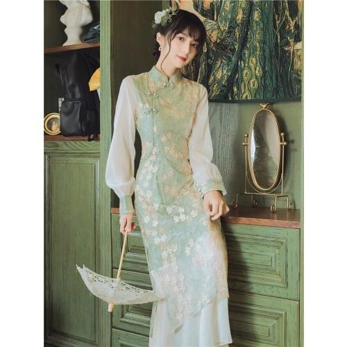 Bubble Sleeve Dress Republic of China Retro Womens Chinese Cheongsam Wear Young Girls Daily Mesh Embroidery Cheongsam Dress