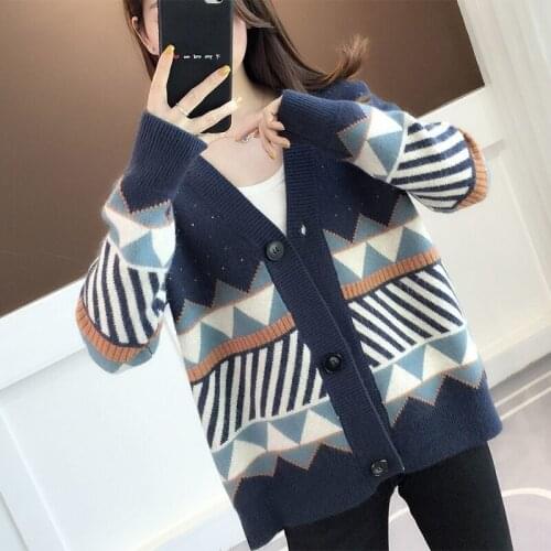 Korean Loose Knitted Cardigan For Women 2021 Spring Autumn Vintage Fashion Print Sweaters Coat Chic Casual Knitwear Tops Female