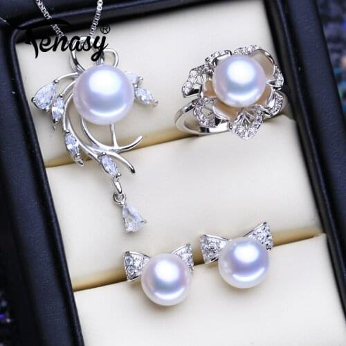 FENASY 925 Sterling Silver Jewelry Sets Natural Pearl Earrings Bowknot Stud Earrings Flower Pendant Necklaces For Women Ring Set