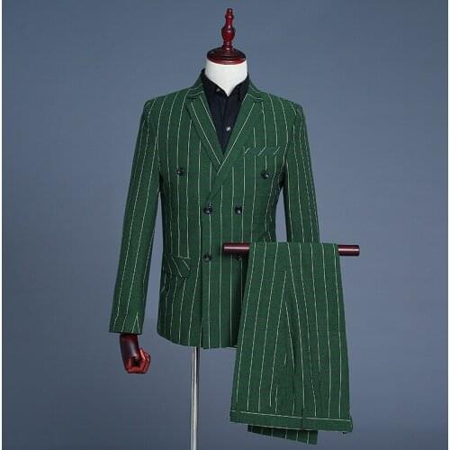 2019 New Mens Green Casual Plaid Groom Double Breasted PerforMence Suit 3 Piece Suits Men Coat Pant Vest Green Grey Men Clothes