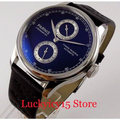 PARNIS 43mm Automatic Men Wristwatch Black Dial Power Reserve Indiactor Glass Leather Band