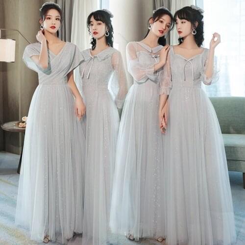 Bridesmaids Dresses Illusion V-Neck Short Pleat Lace Tulle A-Line Floor-Length Luxury Gray Vintage Women Wedding Party Gown E714