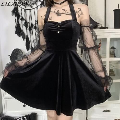 Lilac XN Sexy Off Shoulder Bodycon Halter Mini Women Dresses Harajuku Lace Mesh Sleeve Corset Evening Dresses Goth Summer Dress